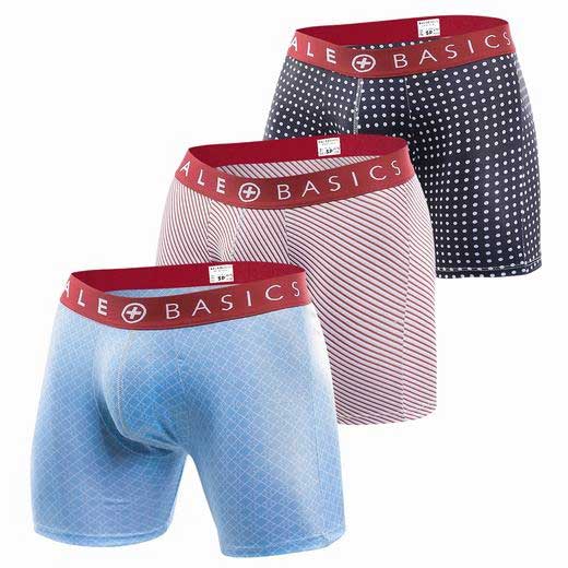 Set of three malebasics boxer briefs in blue pink and navy with polka dots stripes and red elastic waistbands