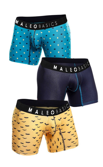 Malebasics 3-pack boxer brief stache with turquoise polka dots navy solid and mustard mustache pattern designs