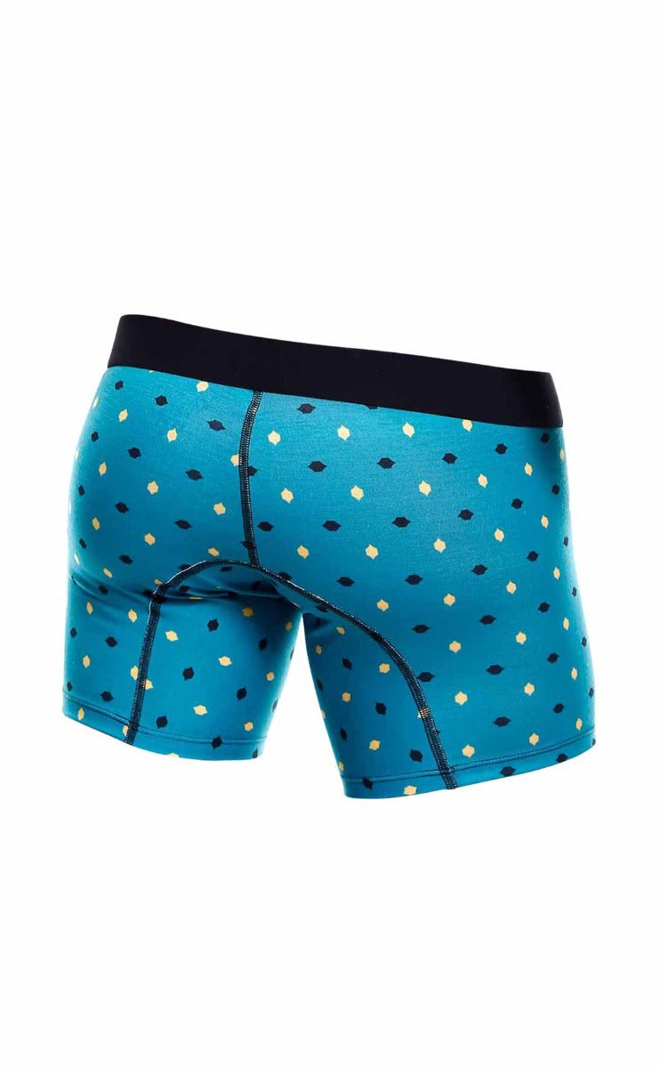 Malebasics 3-pack boxer brief stache in blue patterned fabric with black cream diamond dots and solid black waistband