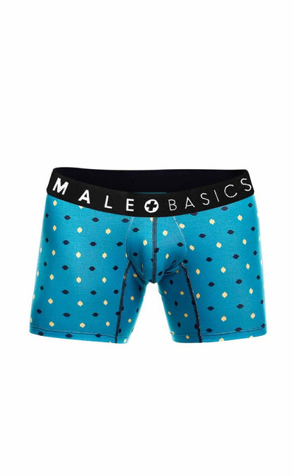 Blue patterned men’s boxer briefs with black waistband and male basics logo from malebasics 3 pack boxer brief stache