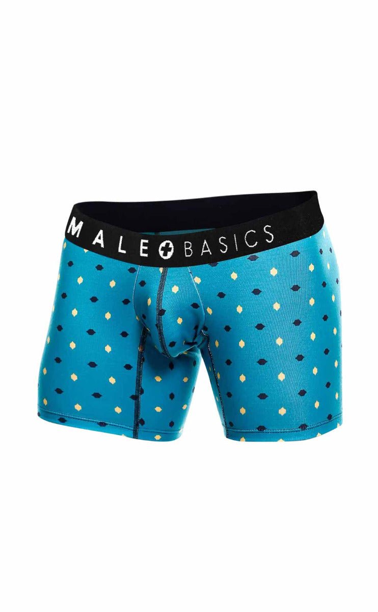 Blue patterned men’s boxer briefs with black waistband featuring male basics logo from malebasics 3-pack boxer brief stache