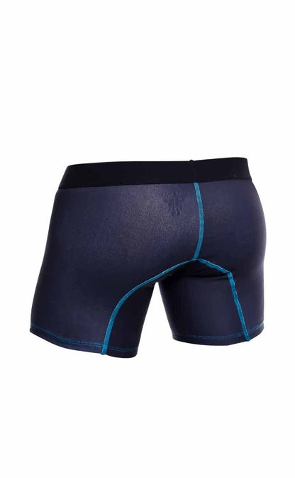 Navy blue malebasics athletic boxer briefs with teal stitching and black waistband for comfortable support