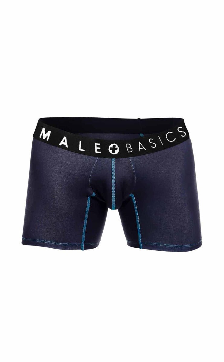 Dark blue denim style male basics boxer briefs with black waistband and logo in a 3 pack stache set