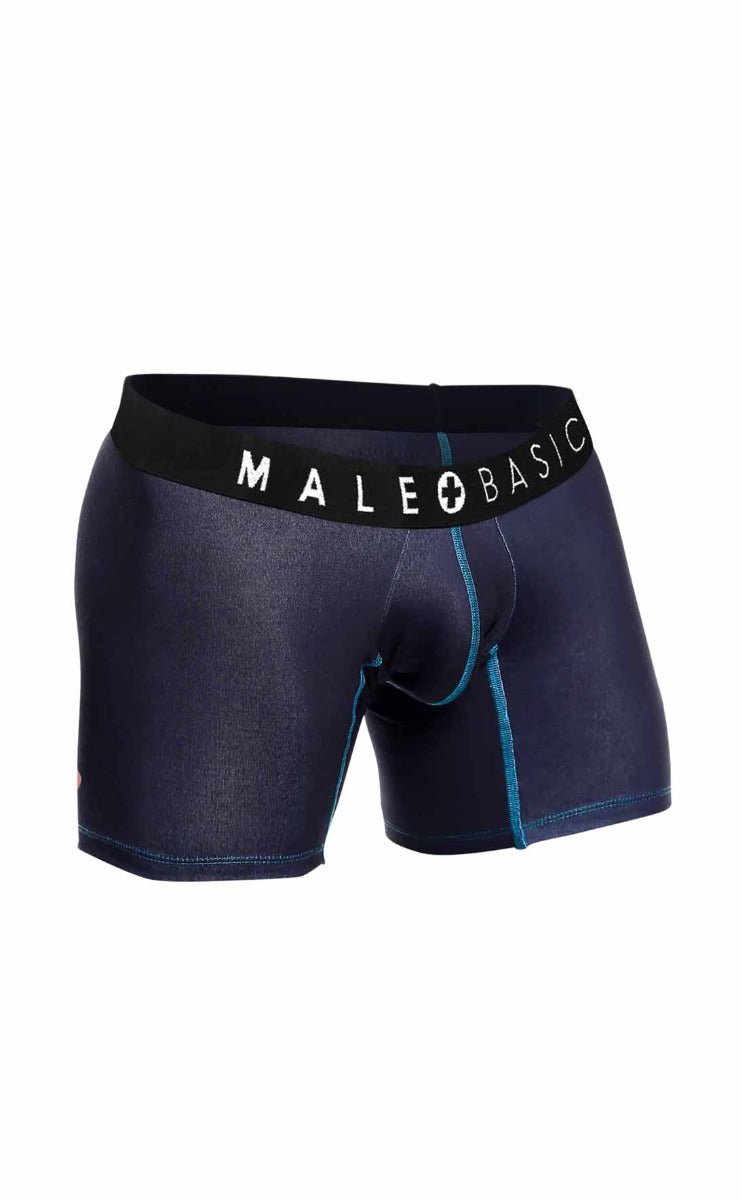 Dark blue malebasics 3-pack boxer brief stache with black waistband logo and teal stitching along side seams