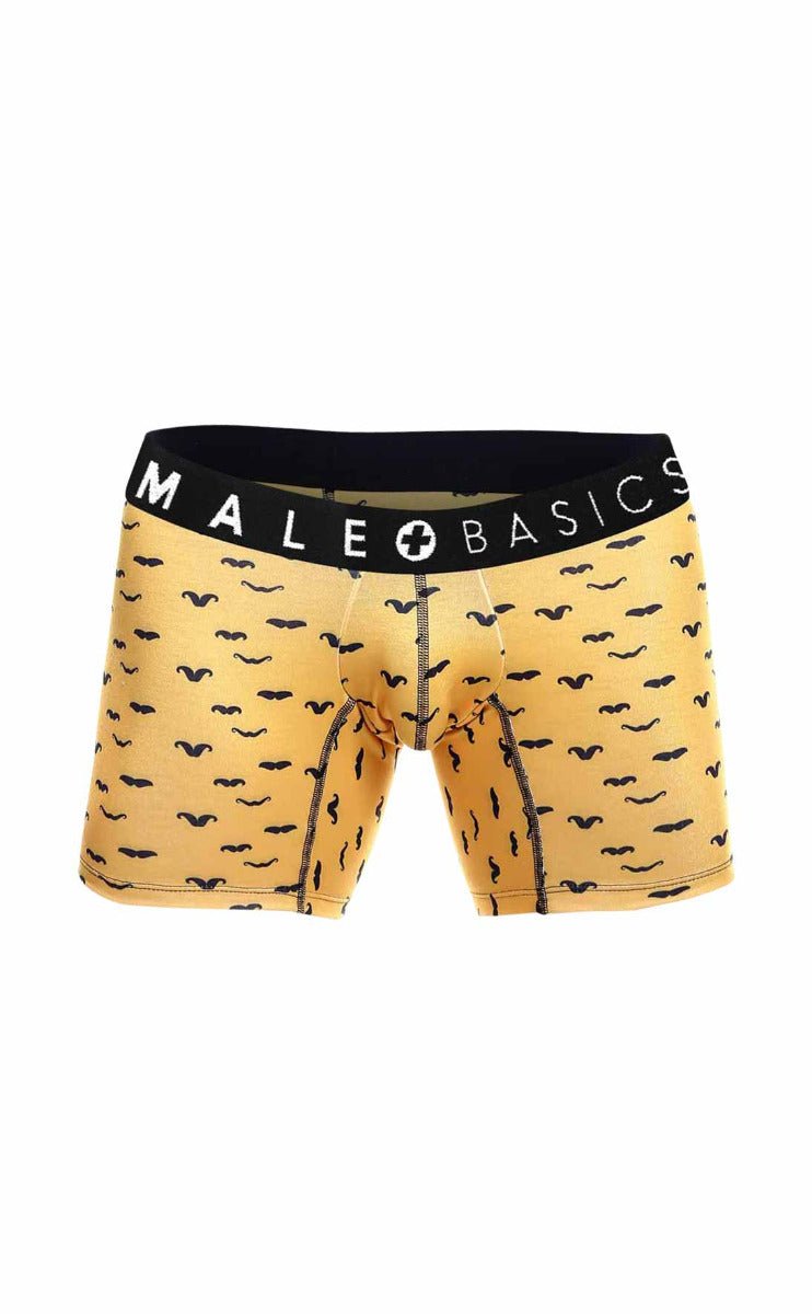 Yellow men’s boxer briefs with black mustache pattern and black waistband featuring male basics logo in 3-pack stache