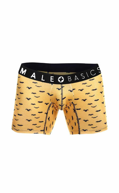 Yellow men’s boxer briefs with black mustache pattern and black waistband featuring male basics logo in 3-pack stache