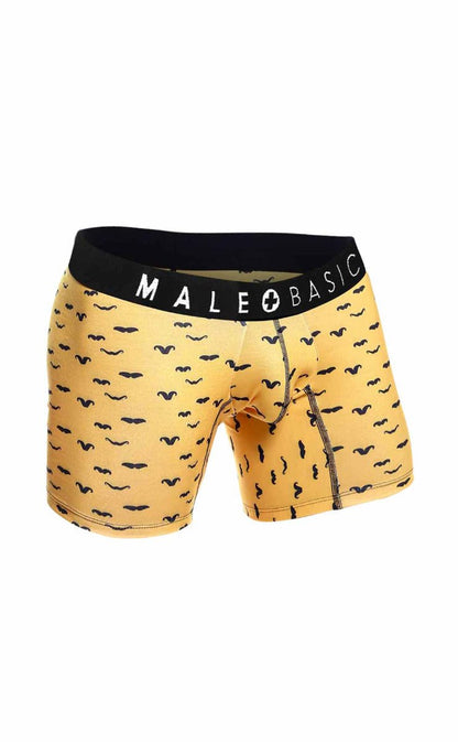 Yellow men’s boxer briefs with black mustache pattern and male basic logo waistband from malebasics 3 pack stache
