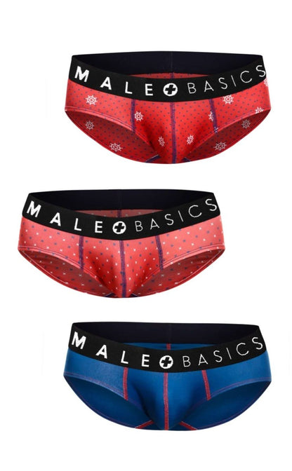 Malebasics 3-pack brief prints timon featuring red and blue patterned briefs with black waistbands and male basics branding
