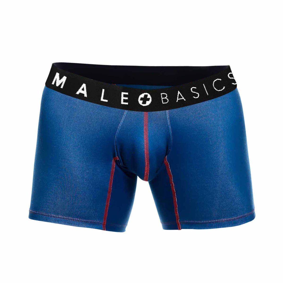 Blue men’s boxer briefs with black waistband featuring male basics logo and red side stitching in a 3-pack timon set