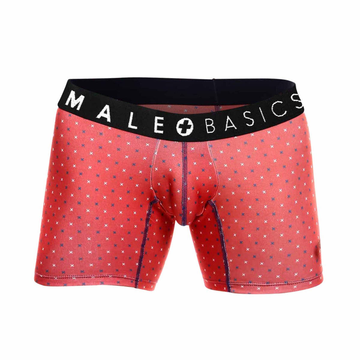 Red men’s boxer briefs with subtle white and navy crosses and black waistband branded male basics in a 3 pack set