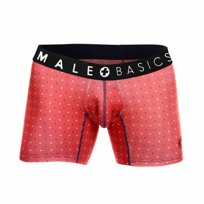 Red men’s boxer briefs with subtle white and navy crosses and black waistband branded male basics in a 3 pack set