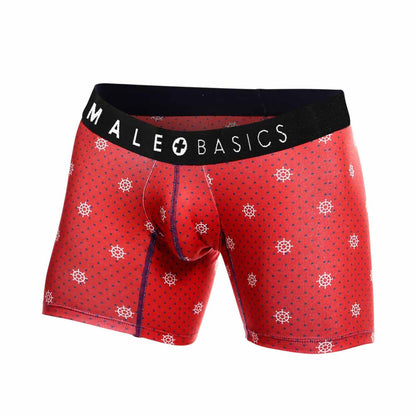 Red men’s boxer briefs with white ship wheel pattern and black waistband with male basics logo from timon 3-pack