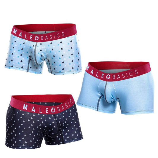 Three pairs of malebasics 3-pack trunk boats boxer briefs in light blue and navy with red waistbands and boat patterns