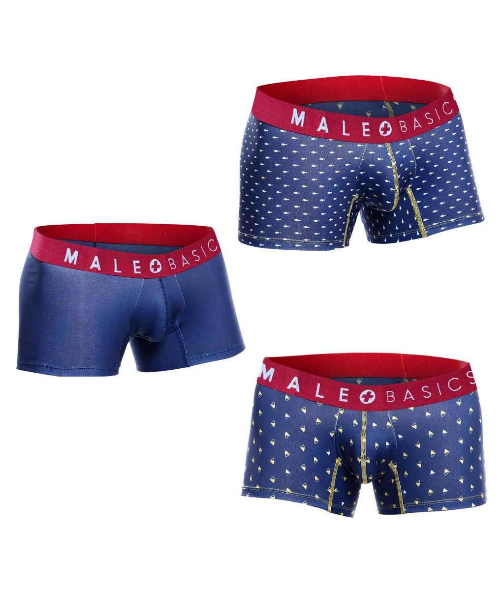 Malebasics 3-pack trunk marine with blue boxer briefs, red waistbands, male basic logo, and white sailboat pattern
