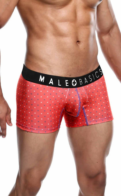 Red patterned men’s boxer briefs with black waistband featuring male basics logo from malebasics 3 pack trunk timon