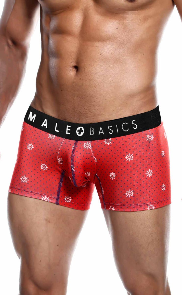 Red men’s boxer briefs with white ship wheel pattern and black male basics waistband from malebasics 3-pack trunk timon