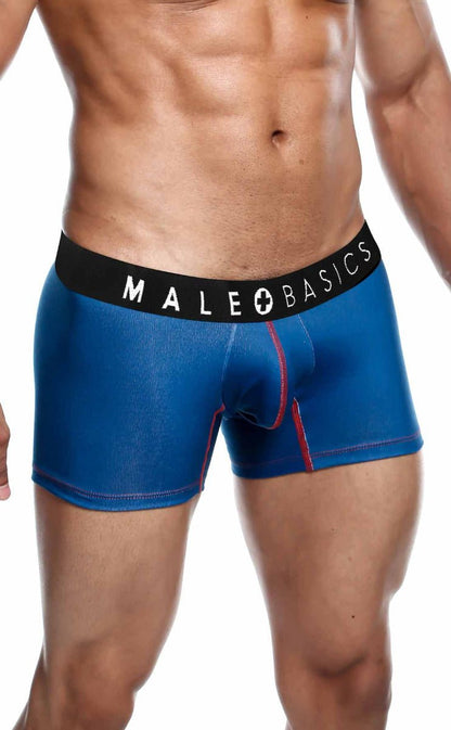 Malebasics 3-pack trunk timon blue men’s boxer briefs with black waistband red side stitching and logo in white