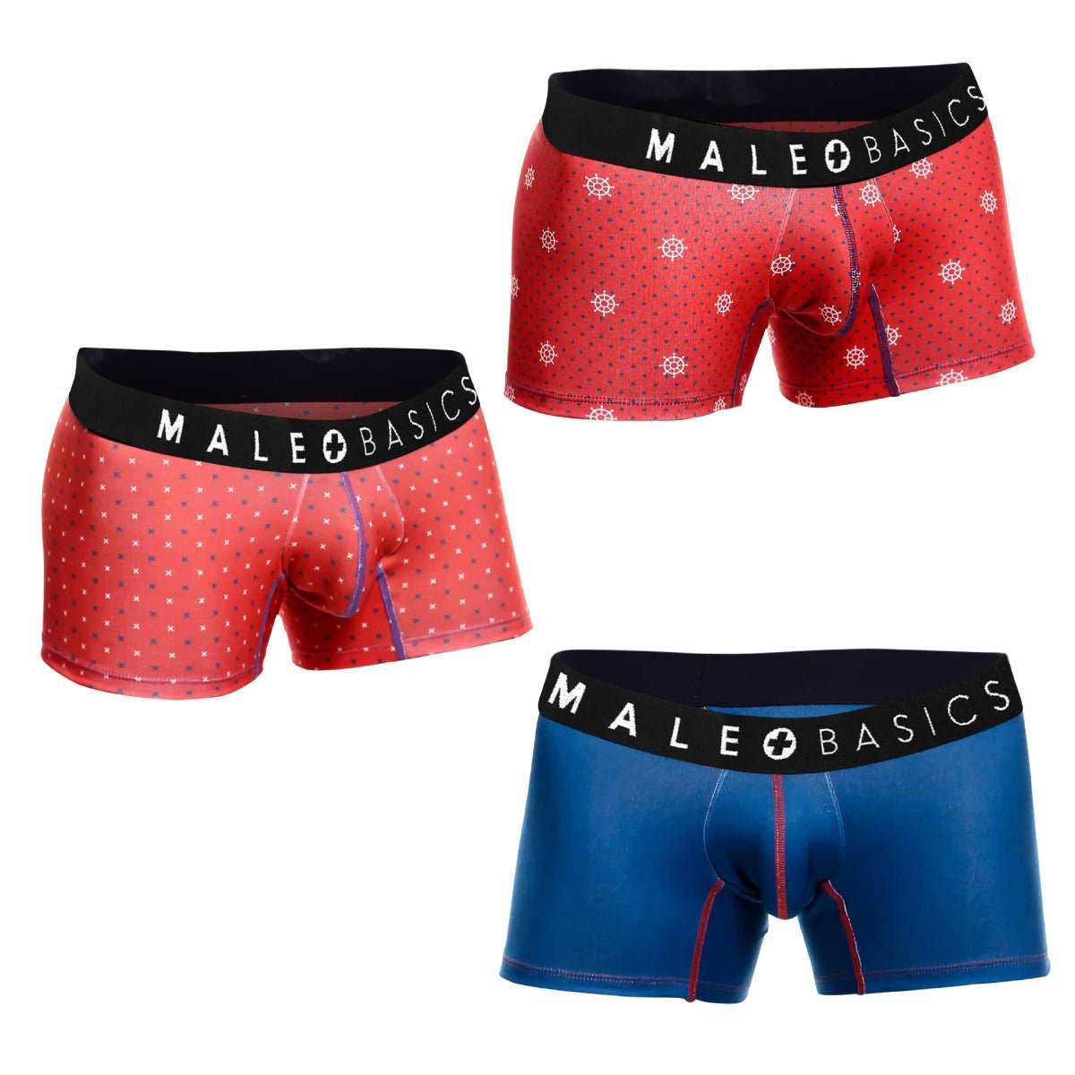 Malebasics 3-pack trunk timon featuring red patterned and solid blue boxer briefs with black logo waistbands