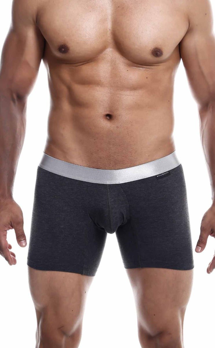 Dark gray male basics boxer brief pima with contrasting silver waistband made of soft breathable fabric