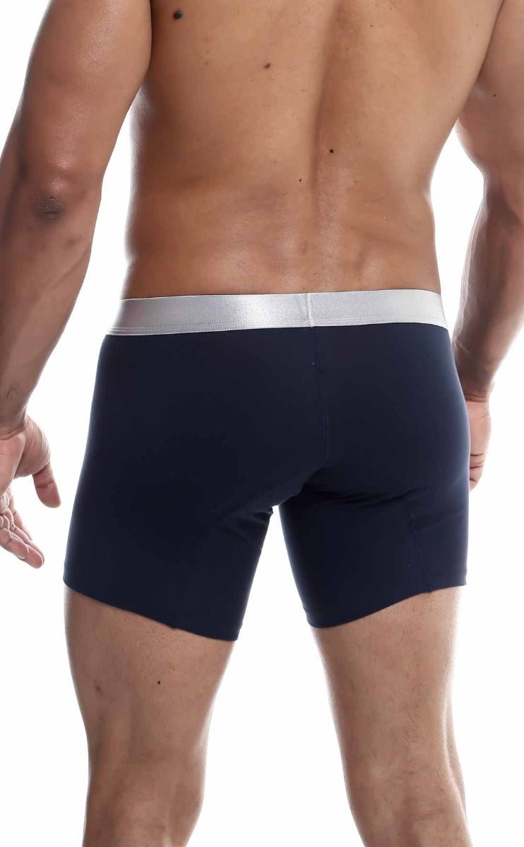 Navy blue malebasics boxer briefs with silver waistband made from soft pima cotton for comfortable everyday wear