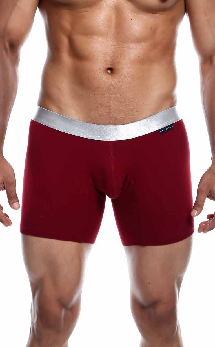 Red malebasics boxer brief pima made of pima cotton with a silver waistband for comfortable everyday wear