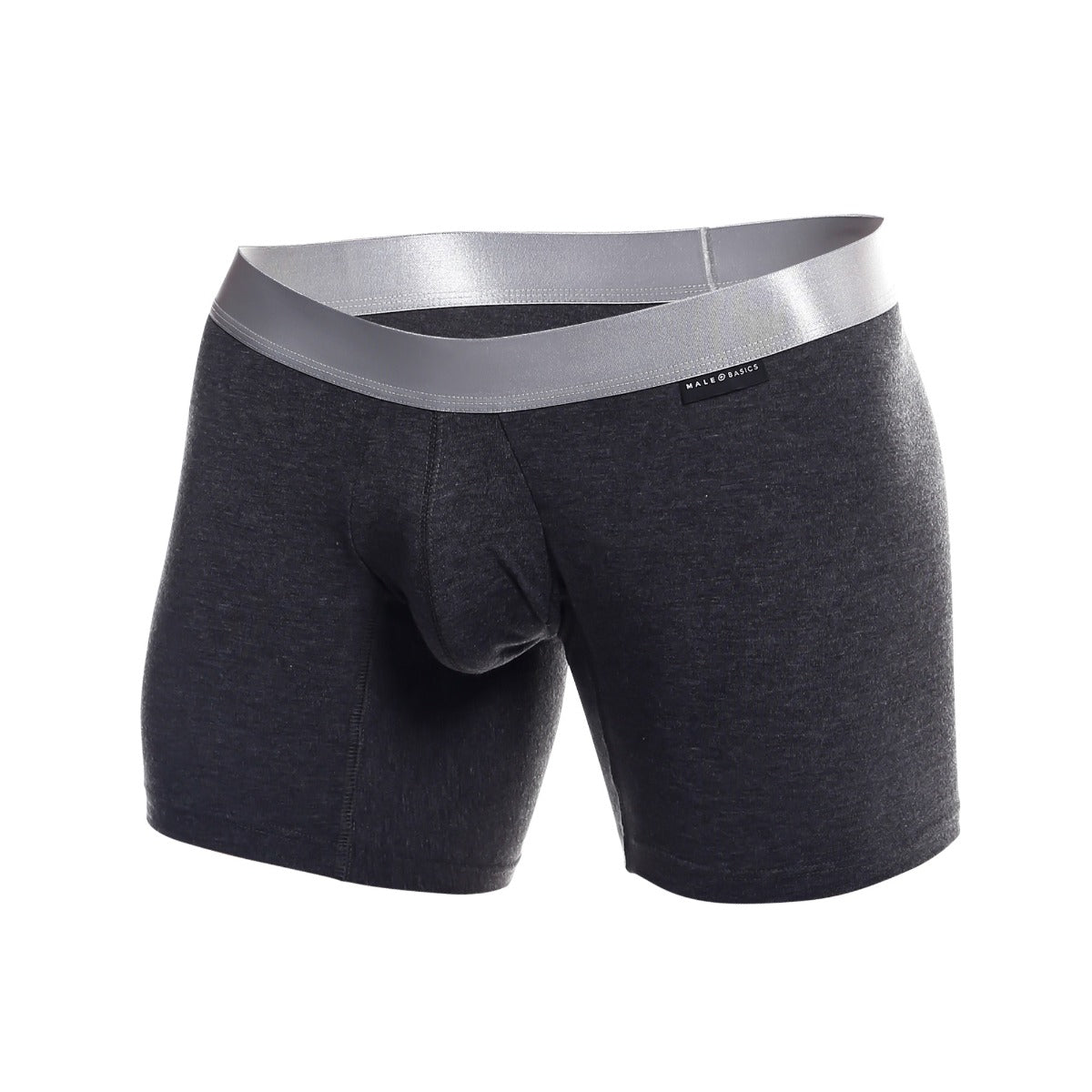 Dark heather gray men’s boxer briefs made from pima cotton with a silver waistband and made basics label