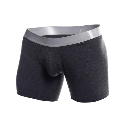 Dark heather gray men’s boxer briefs made from pima cotton with a silver waistband and made basics label