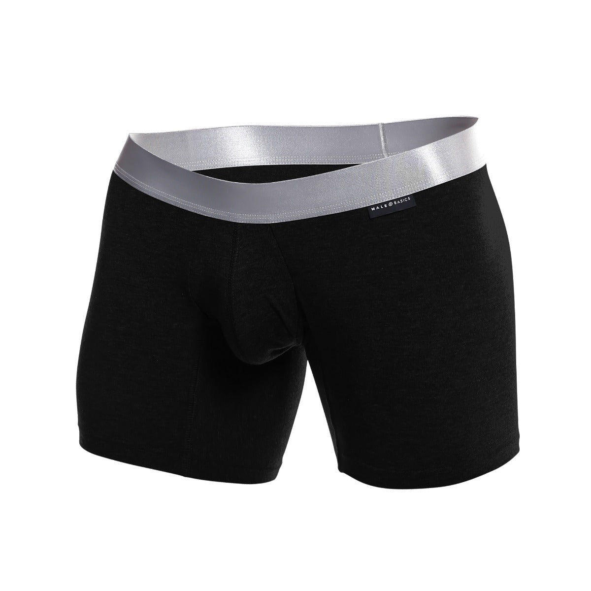 Black men’s boxer briefs with shiny silver waistband made basic brand label pima cotton for comfortable everyday wear