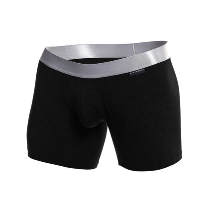 Black men’s boxer briefs with a shiny silver waistband made from pima cotton by made basic in the malebasics line
