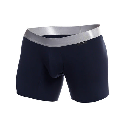 Navy blue male basics boxer brief pima with silver elastic waistband featuring mateo basics brand name