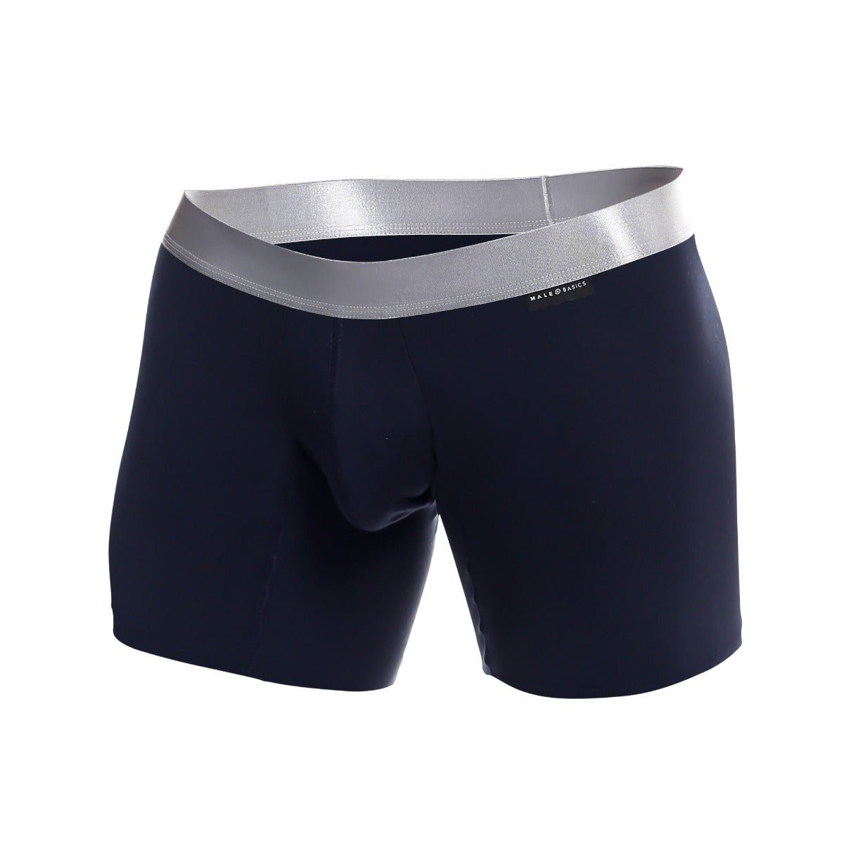 Navy blue male basics boxer brief pima with silver elastic waistband featuring mateo basics brand name
