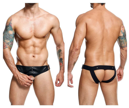 Black leather MaleBasics DMBL01 DNGEON cockring jockstrap with front closure and side straps