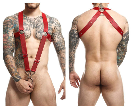 Red leather crossback harness with metal rings and buckles in cherry color by malebasics dmblo5 dngeon