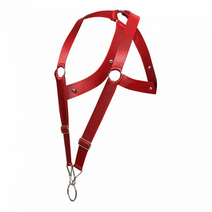 Malebasics dmble05 dngeon crossback harness in cherry red leather with silver adjustable metal hardware straps
