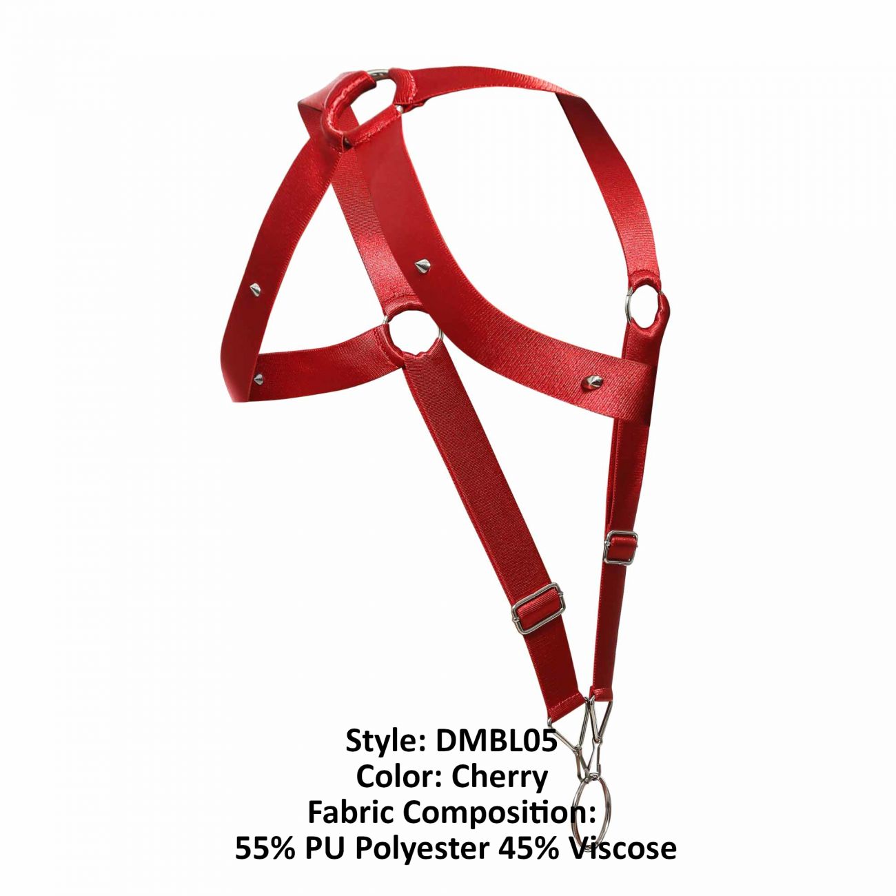 MaleBasics dmbL05 dnGeon crossback harness in cherry red with silver metal hardware made of 55% pu polyester 45% viscose