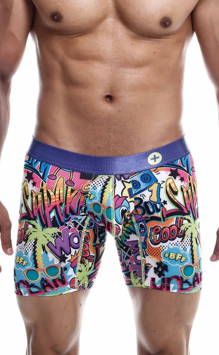 MaleBasics hipster boxer brief comics with vibrant graffiti graphics and a purple waistband in a comic book style