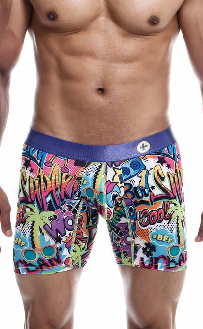 MaleBasics hipster boxer brief comics with vibrant graffiti graphics and a purple waistband in a comic book style