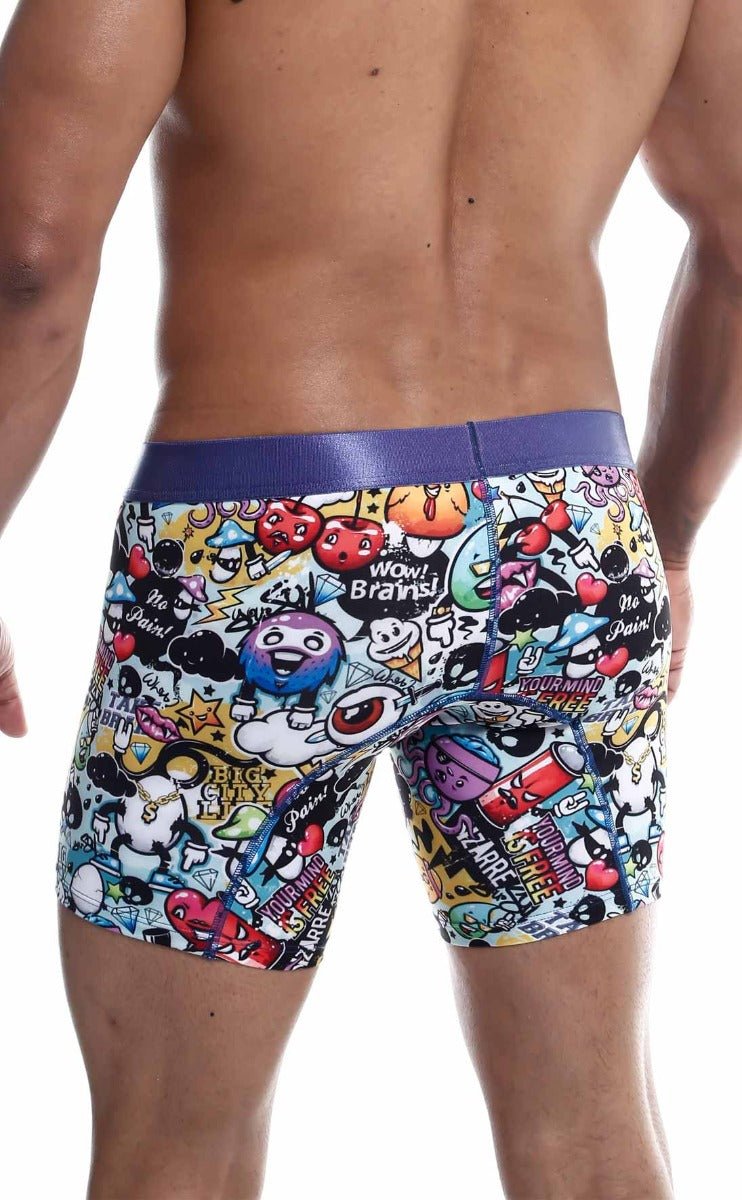 Male basics hipster boxer brief comics with purple waistband and colorful doodle hearts text pattern