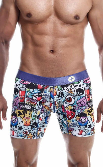 Malebasics hipster boxer briefs in white with vibrant cartoon graffiti print and purple waistband for men