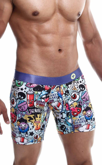 Malebasics hipster boxer brief comics featuring vibrant graffiti-style print with a purple elastic waistband