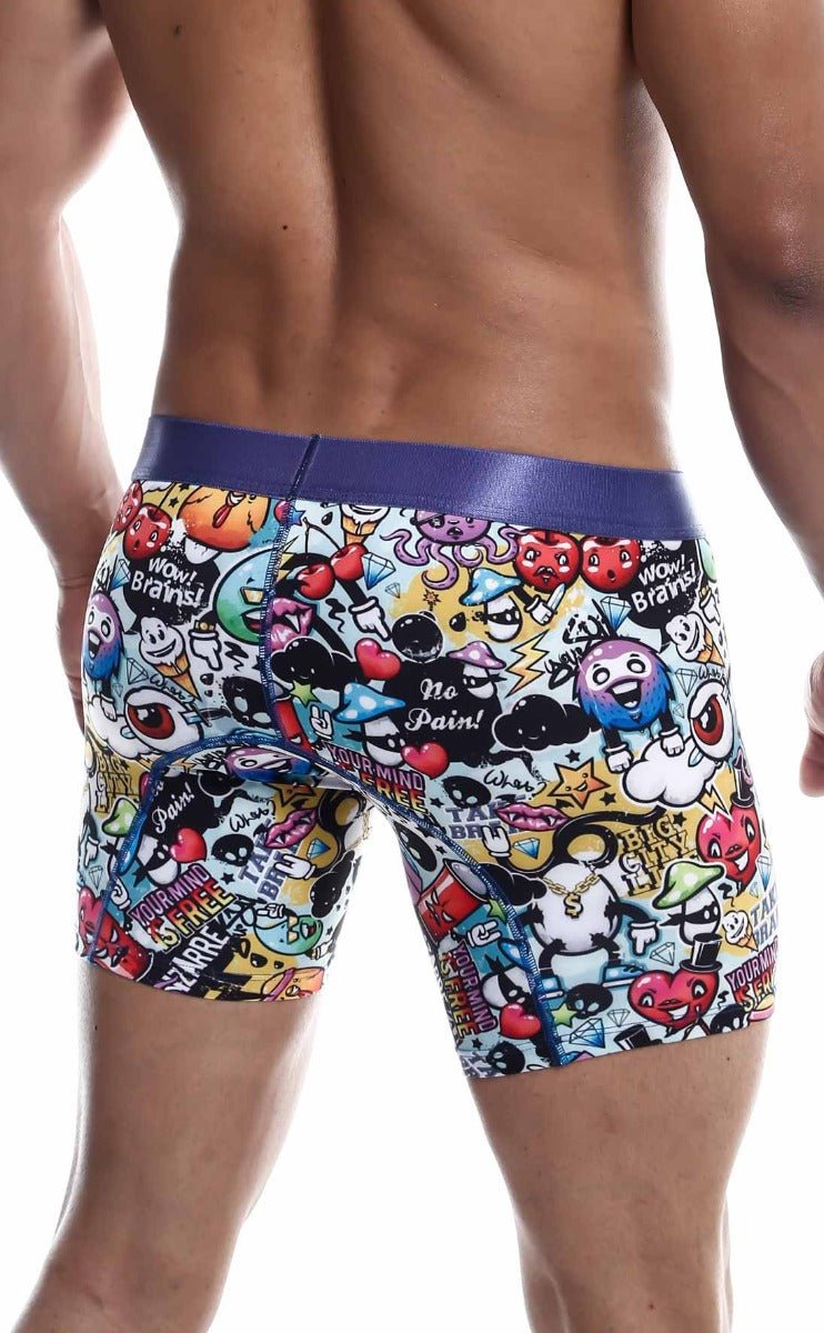 MaleBasics hipster boxer briefs with vibrant cartoon skull hearts and wow brains graphics and a purple waistband