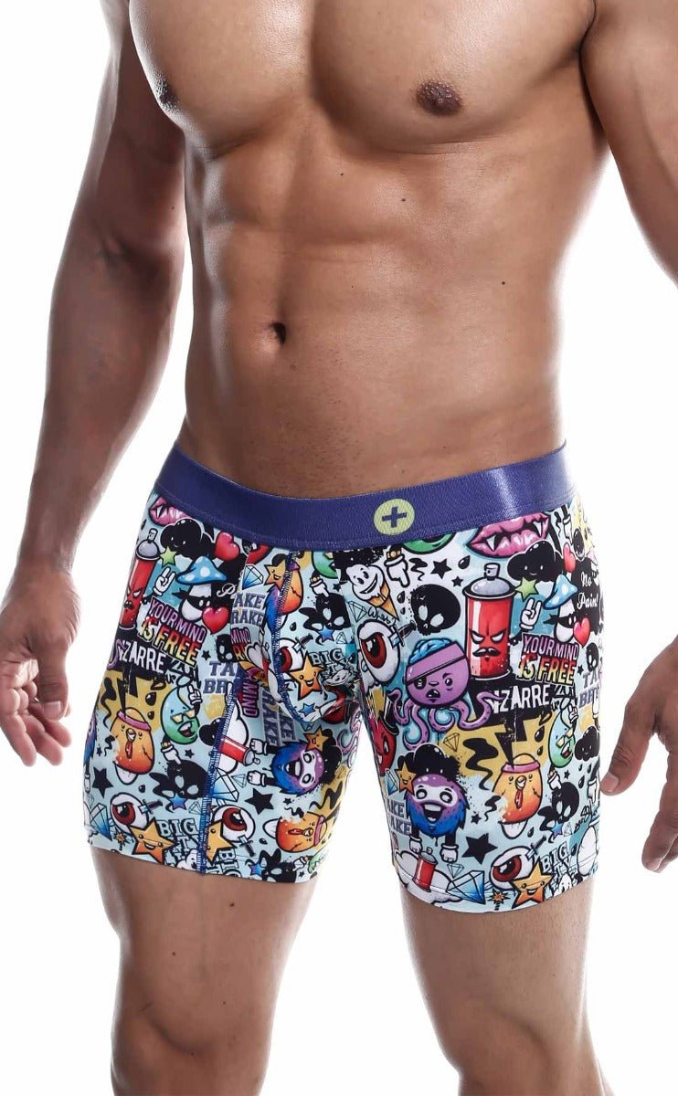Malebasics hipster boxer brief comics vibrant graffiti style with bold purple waistband and cartoon street art graphics