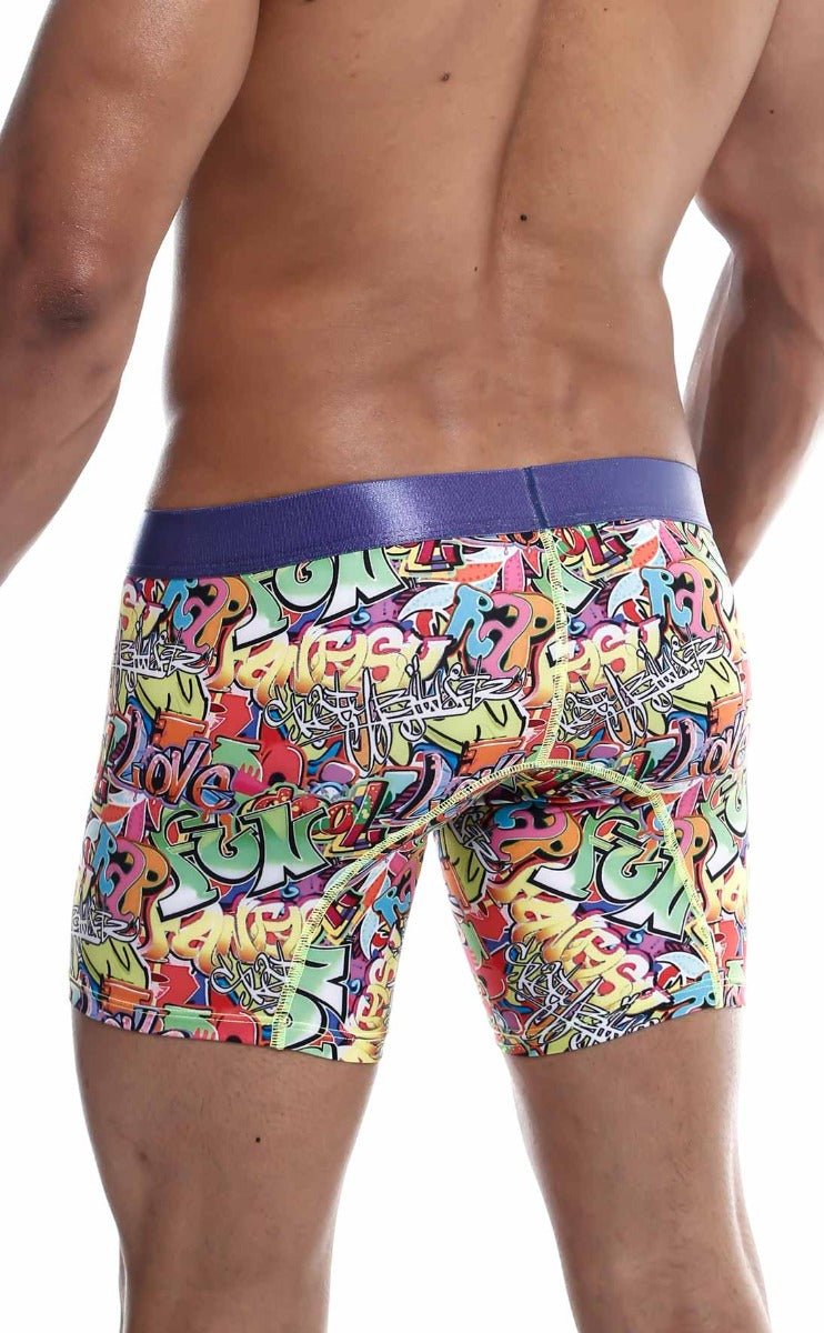 Malebasics hipster boxer brief comics featuring vibrant graffiti pattern and solid purple waistband in men’s underwear