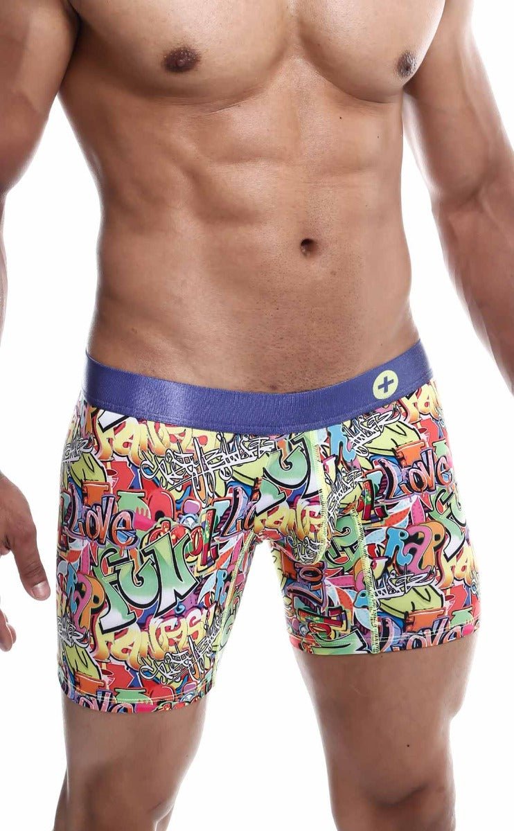 MaleBasics Hipster boxer brief comics with vibrant graffiti pattern and solid purple waistband for men