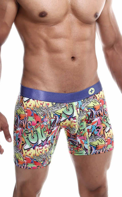 MaleBasics Hipster boxer brief comics with vibrant graffiti pattern and solid purple waistband for men