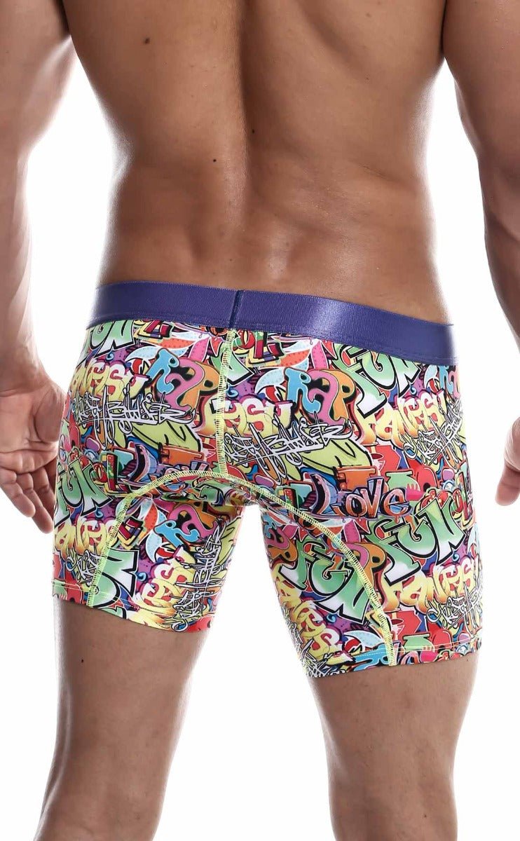 MaleBasics hipster boxer brief comics with vibrant graffiti pattern and bold purple waistband for stylish comfort