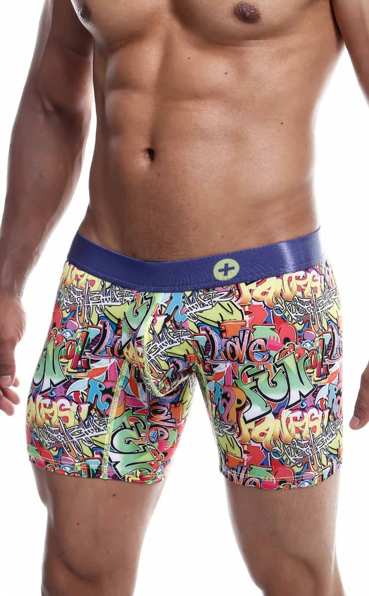 MaleBasics Hipster boxer brief comics with vibrant graffiti pattern and solid blue waistband with yellow plus sign logo
