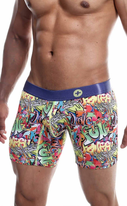 MaleBasics Hipster boxer brief comics with vibrant graffiti pattern and solid blue waistband with yellow plus sign logo
