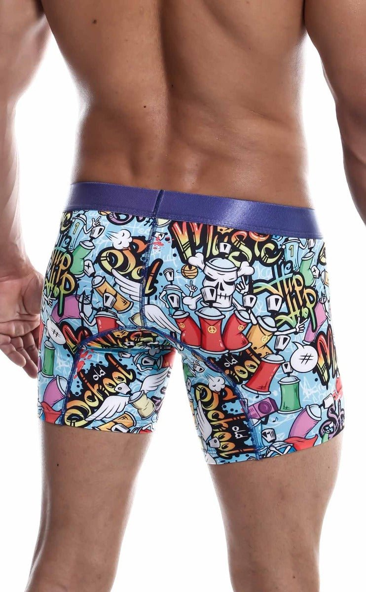 Malebasics hipster boxer brief comics vibrant graffiti-themed light blue men’s boxer briefs with colorful skulls and spray cans
