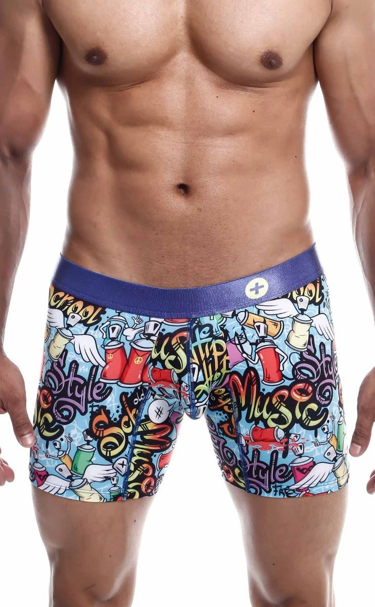 Malebasics hipster boxer brief comics with vibrant graffiti spray paint graphics and bold blue waistband on light blue base